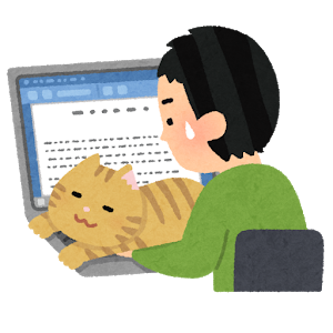 在宅勤務（テレワーク）中に、パソコンの上に猫が乗ってきて（ネコハラで）仕事ができなくなっている男性のイラスト
